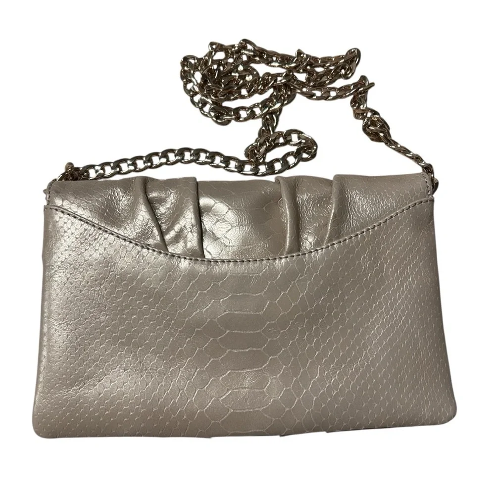 Talbots Beige Pleated Pearlized Leather Animal Print Bag with Gold Chain Strap